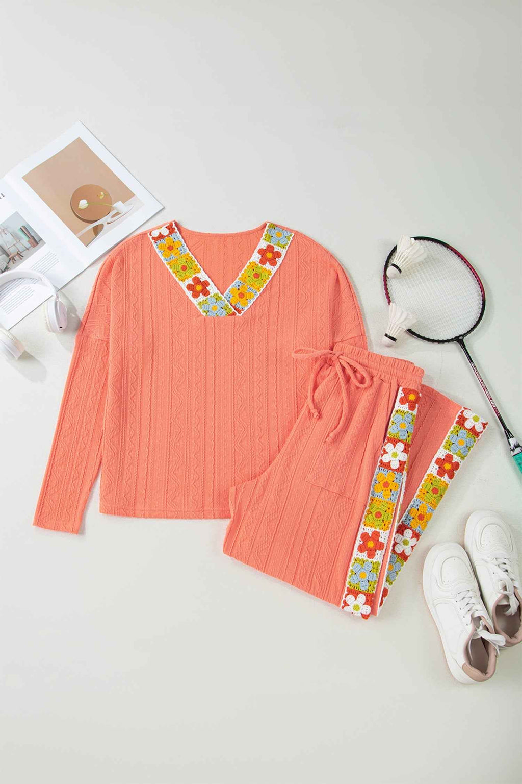 Grapefruit Orange Crochet Floral Accent V Neck Textured Pants Set