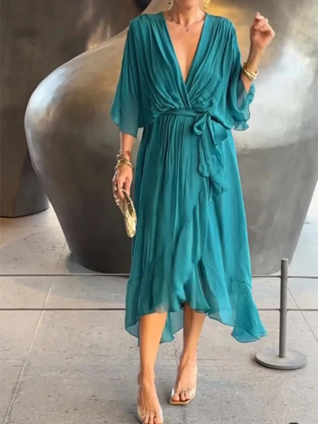 Flowy Tie Front Midi Dress with Flutter Sleeves by Shopiebay