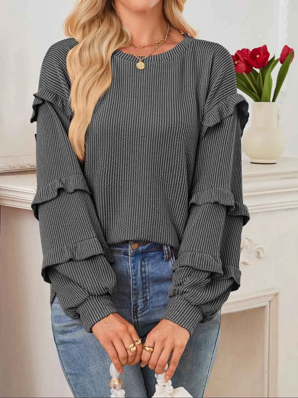 Ruffled Long Sleeve Knit T-Shirt
