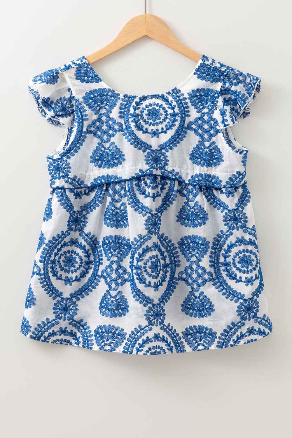 Blue Boho Print Flutter Sleeve Crew Neck Blouse