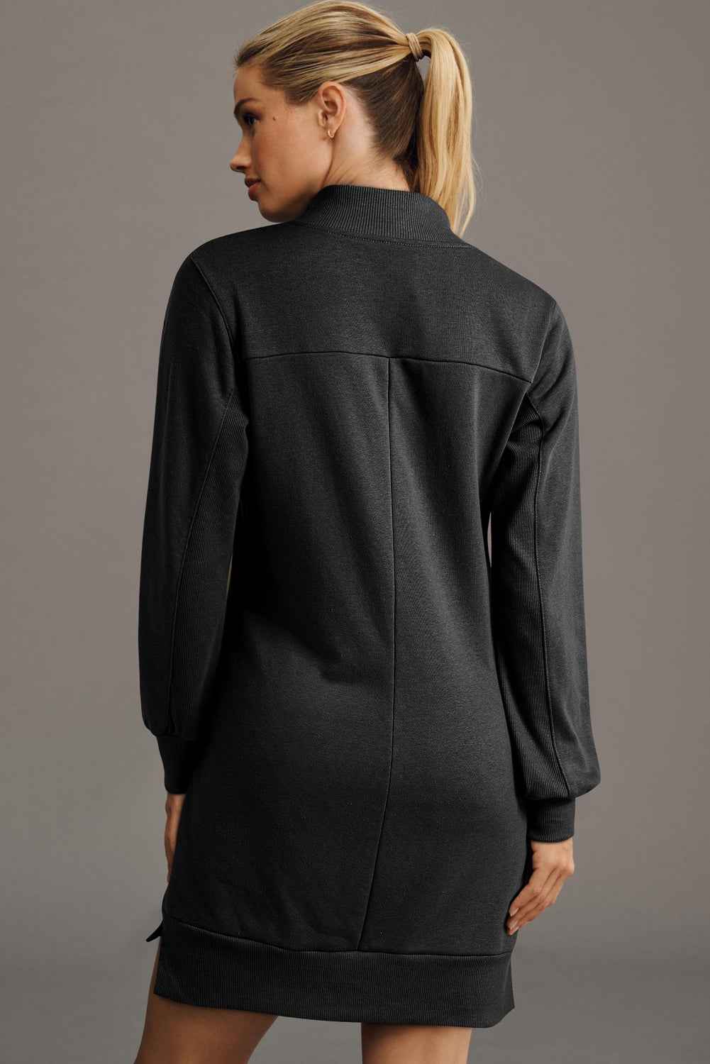 Black Zip up Collared Ribbed Patchwork Sweatshirt Dress with Pockets