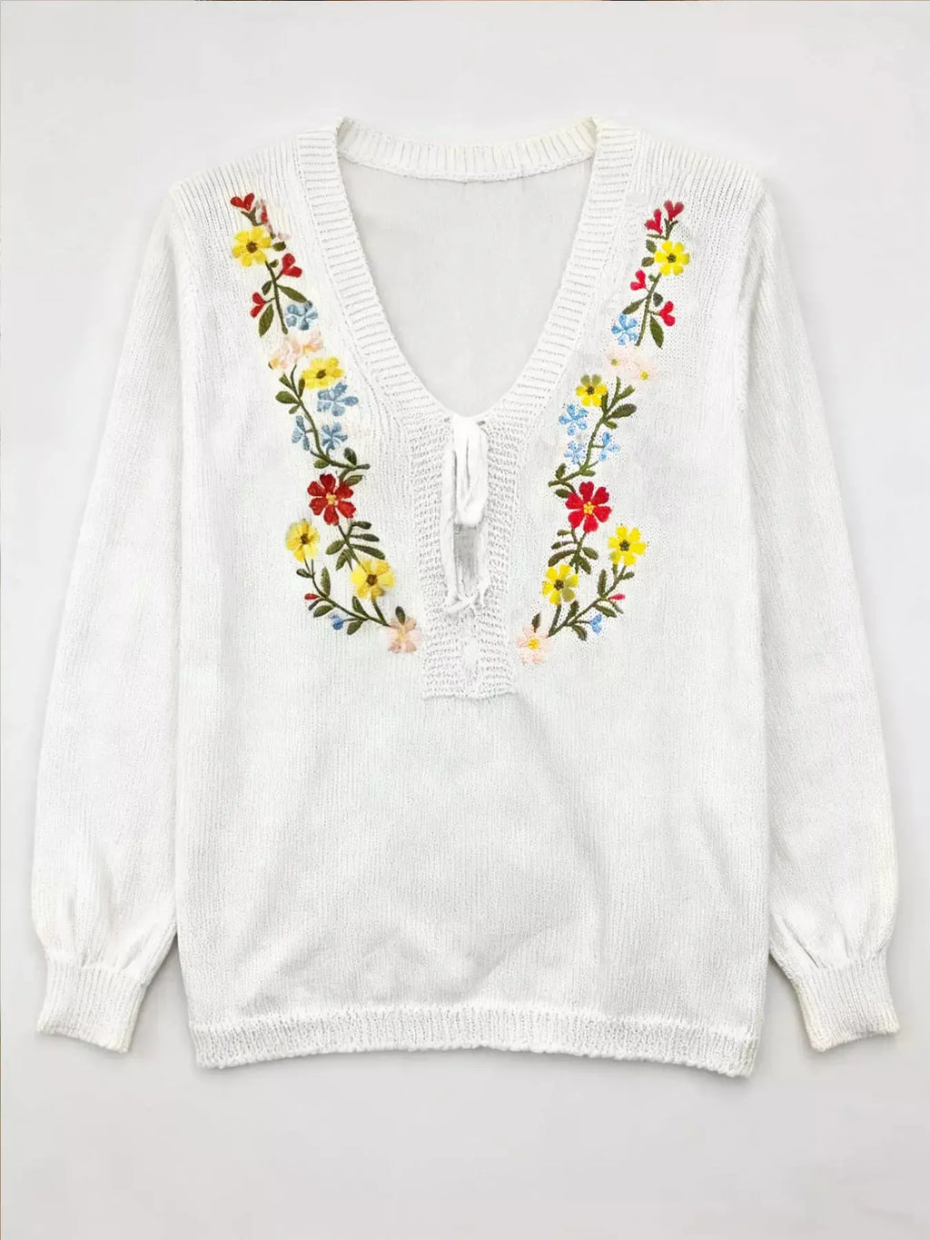 Floral Embroidered V Neck Sweater