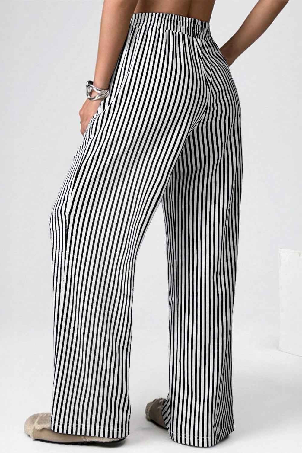 Black Stripe Elastic High Waist Pocketed Loose Pants