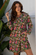 Floral Print Split Neck Bubble Sleeve Mini Dress
