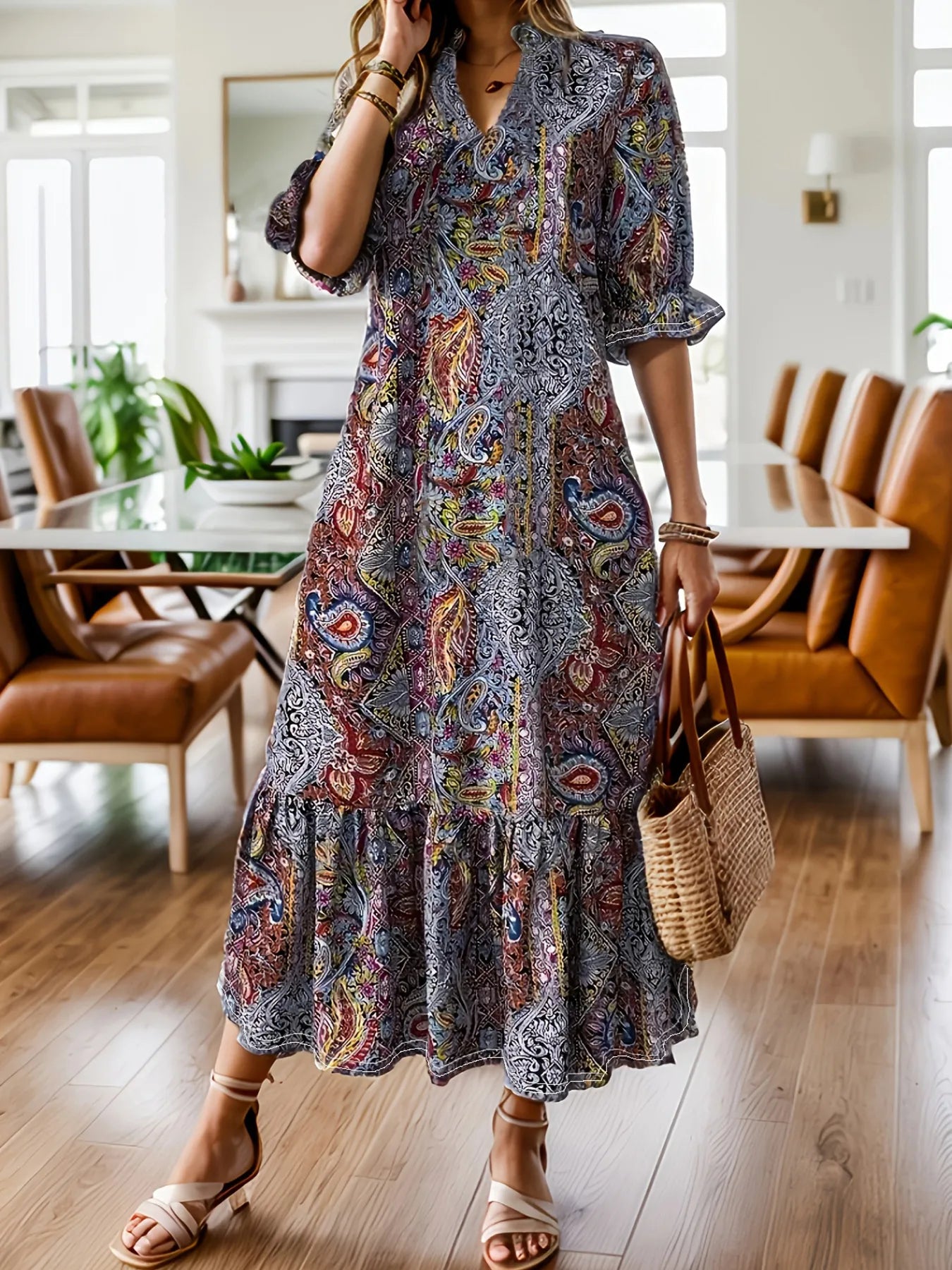 Bohemian Paisley Print Ruffle Hem Midi Dress by Shopiebay