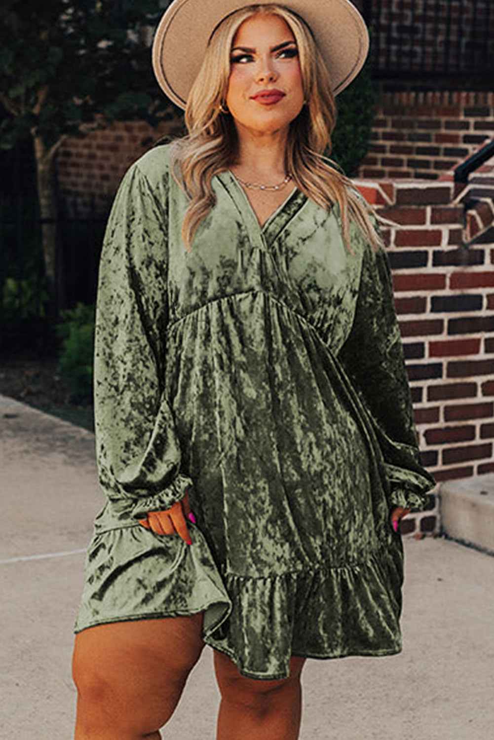 Jungle Green Plus Size Velvet Babydoll Mini Dress