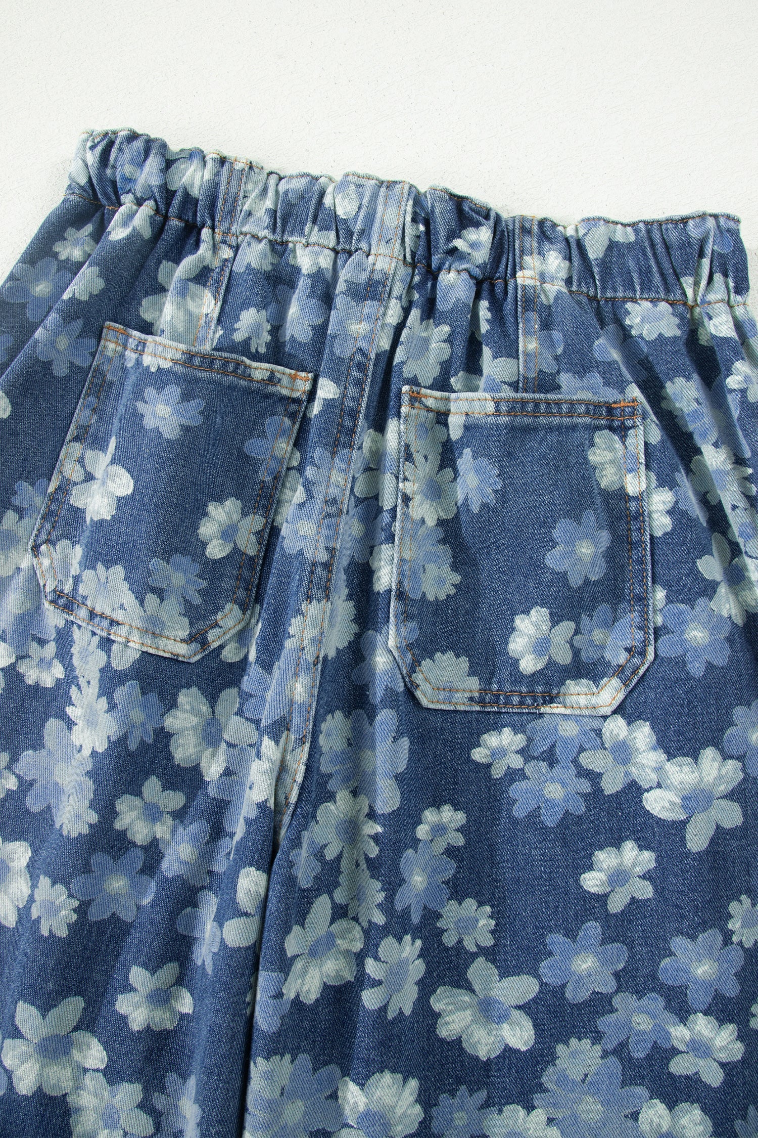 Sky Blue Dainty Floral Printed Drawstring Barrel Jeans