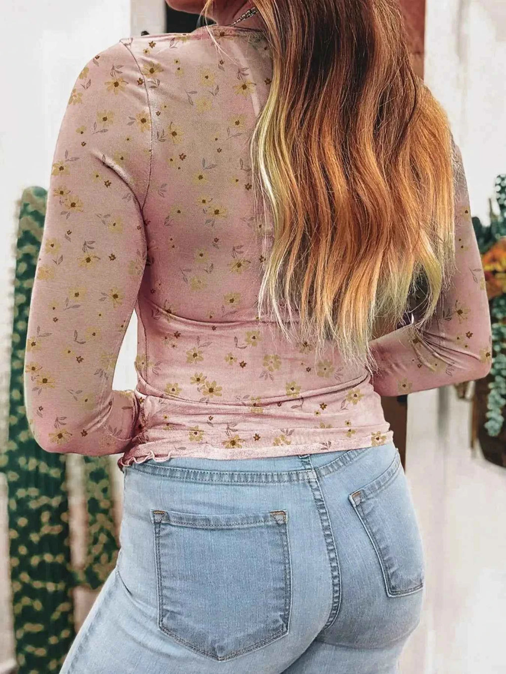 Floral Print Mesh Long Sleeve Top