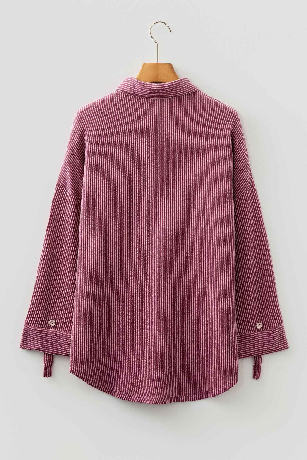 Fiery Red Pink Roll Tab Sleeve Ribbed Cording Shacket
