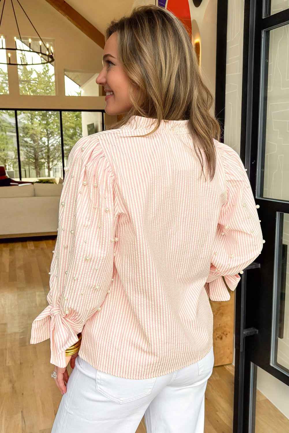 Pink Stripe Bow Knot Cuff Pearl Embellished Puff Sleeve V Neck Blouse