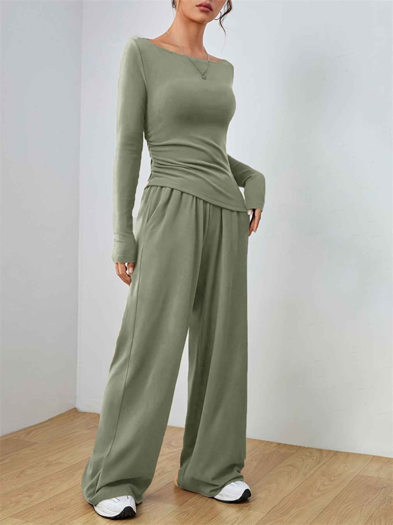 Casual Long Sleeve Top & Wide Leg Pants Set
