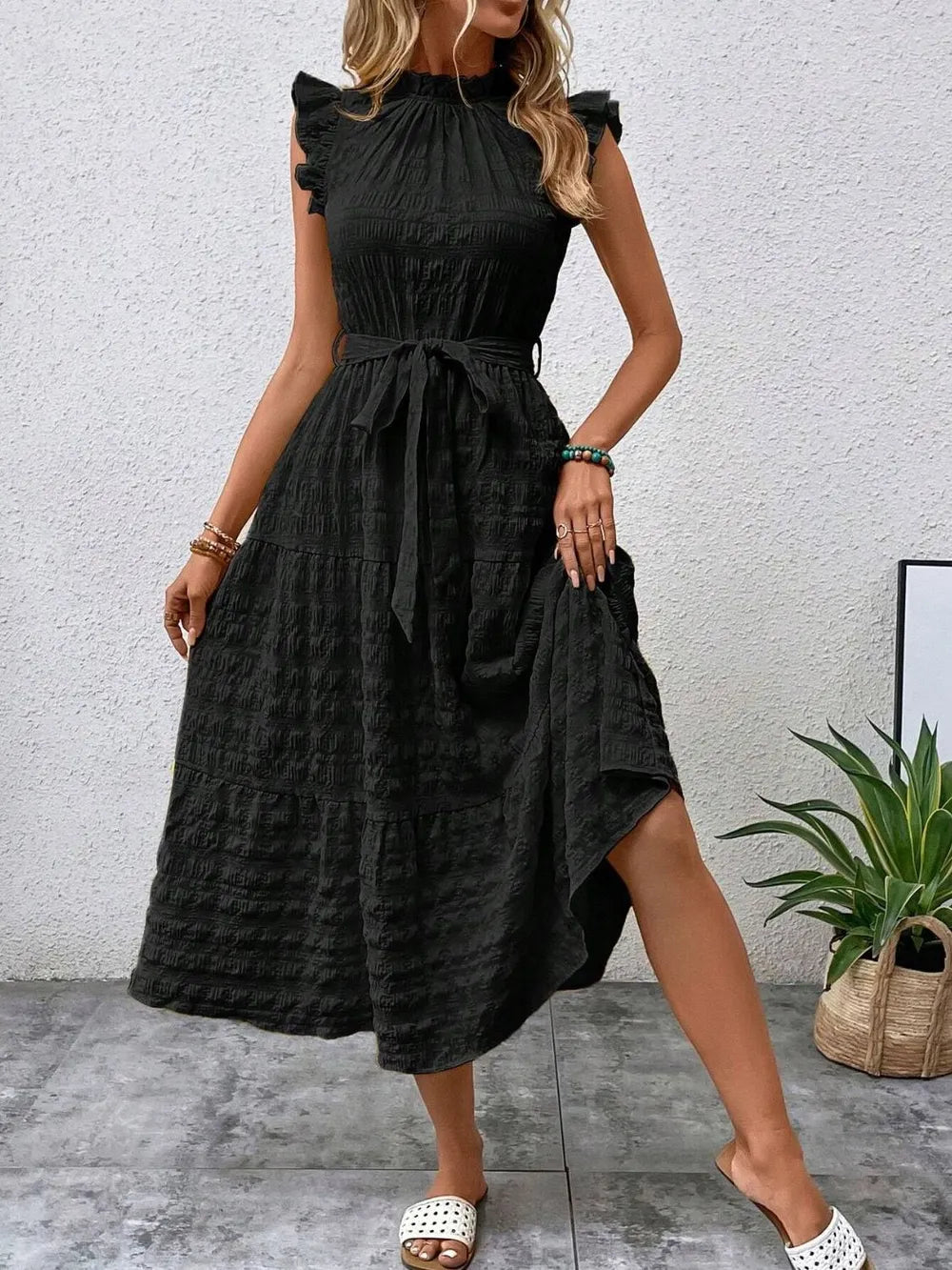 Tied Ruffled Cap Sleeve Midi Dress by Shopiebay