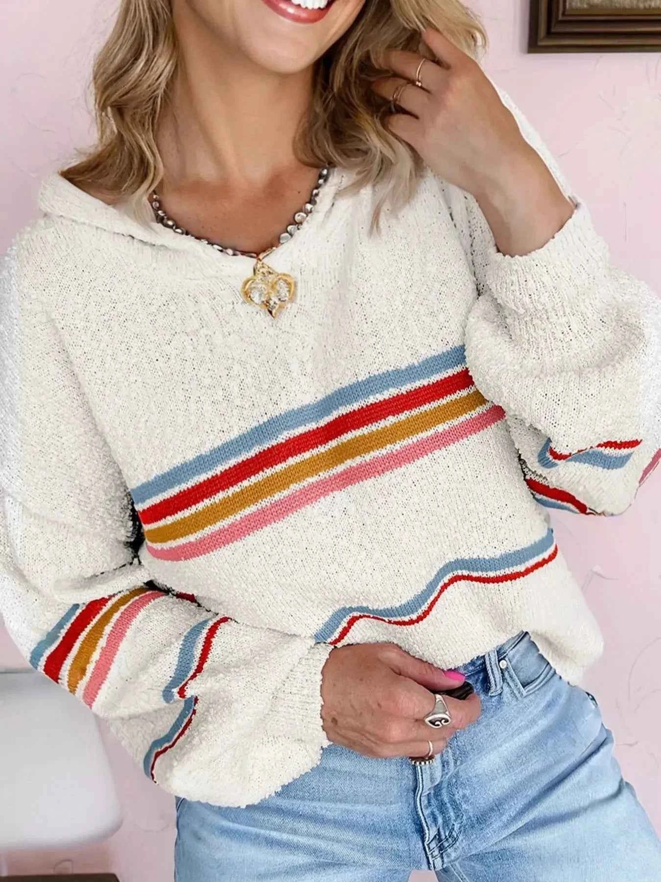 Multicolored Striped Accent Popcorn Hooded Sweater by Be Bliss Boutique