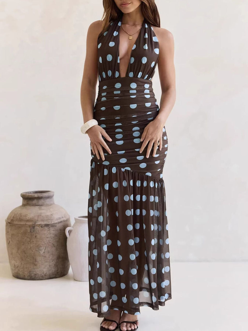 Polka Dot Halter Ruched Maxi Dress by Shopiebay