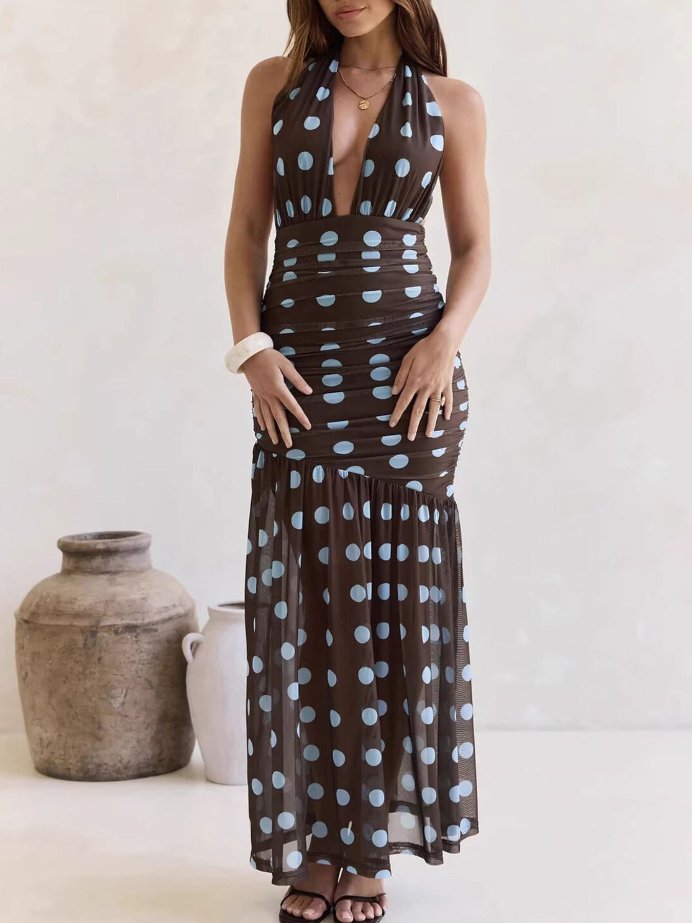 Polka Dot Halter Ruched Maxi Dress by Shopiebay