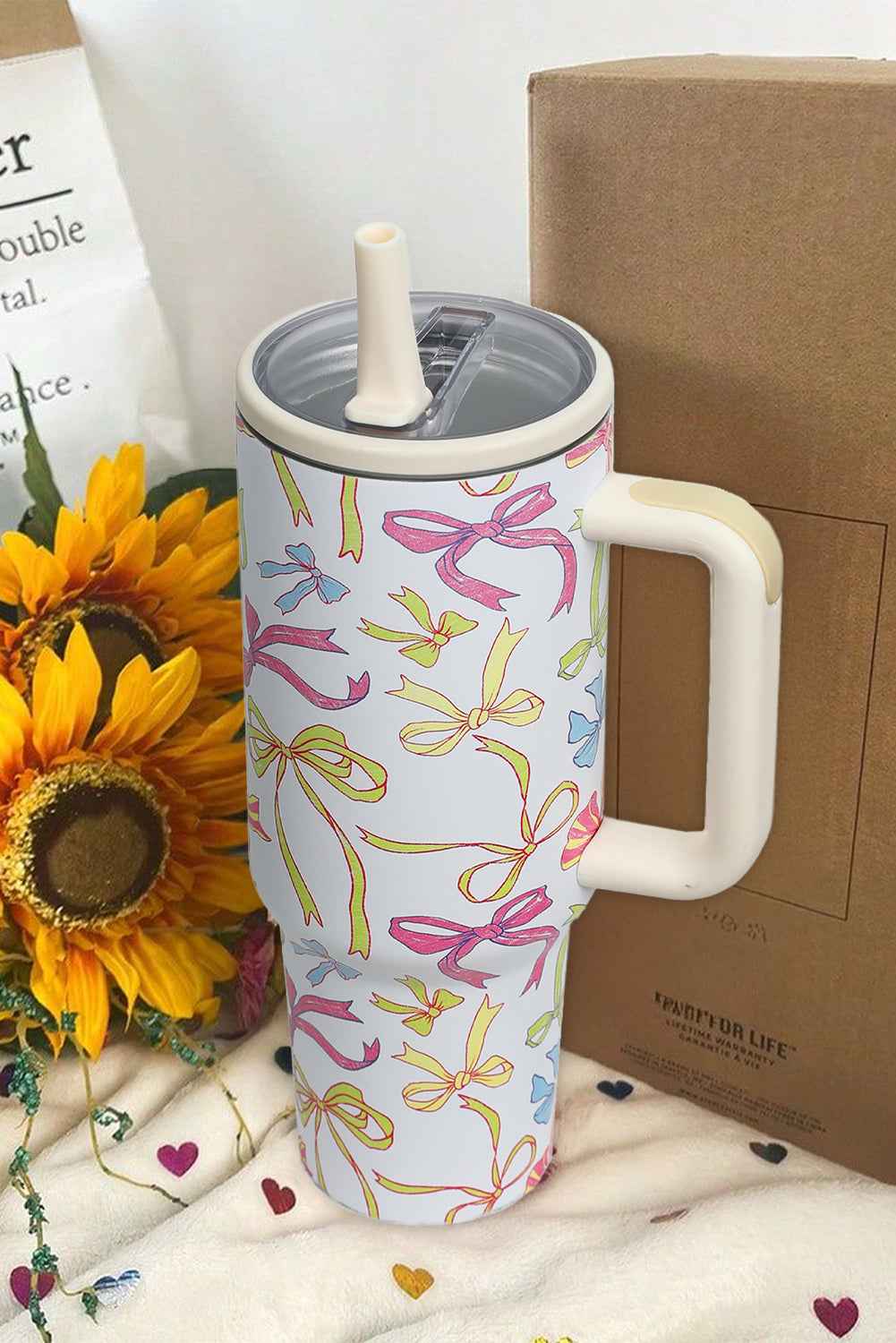 White Bow Print Stainless Steel Tumbler Cup