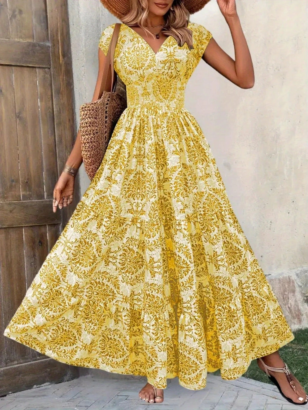 Printed Cap Sleeve Maxi Dress by Shopiebay