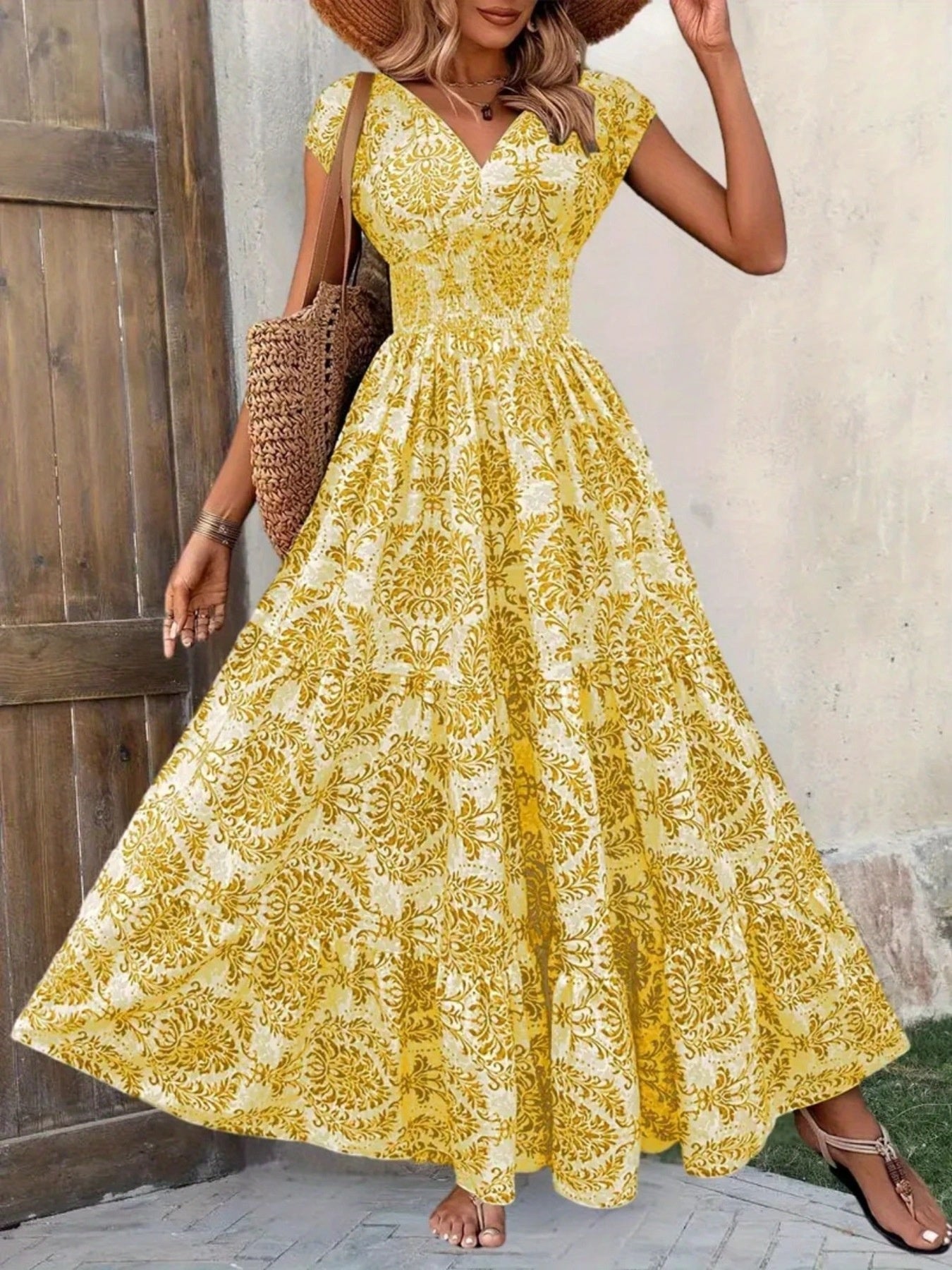 Printed Cap Sleeve Maxi Dress by Shopiebay