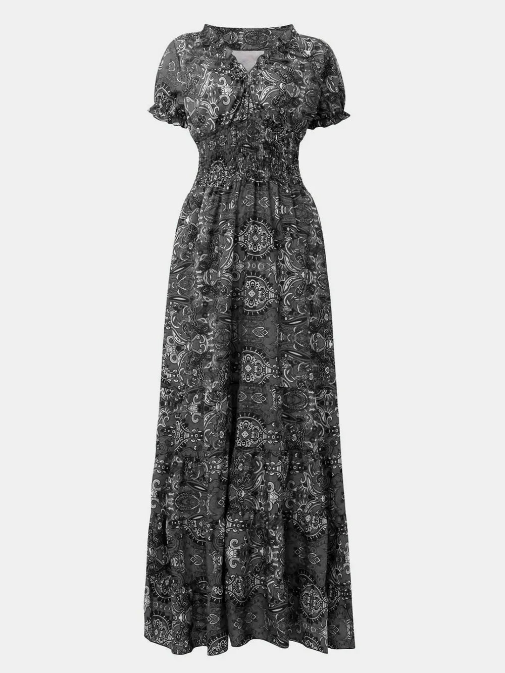 Smocked Printed V-Neck Short Sleeve Dress by Shopiebay