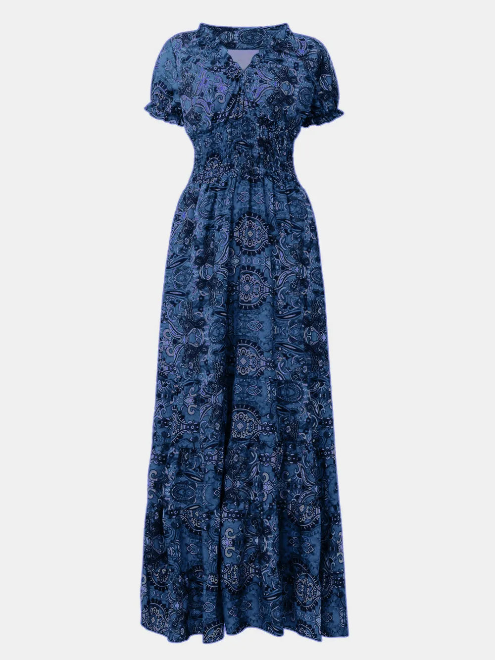 Smocked Printed V-Neck Short Sleeve Dress by Shopiebay