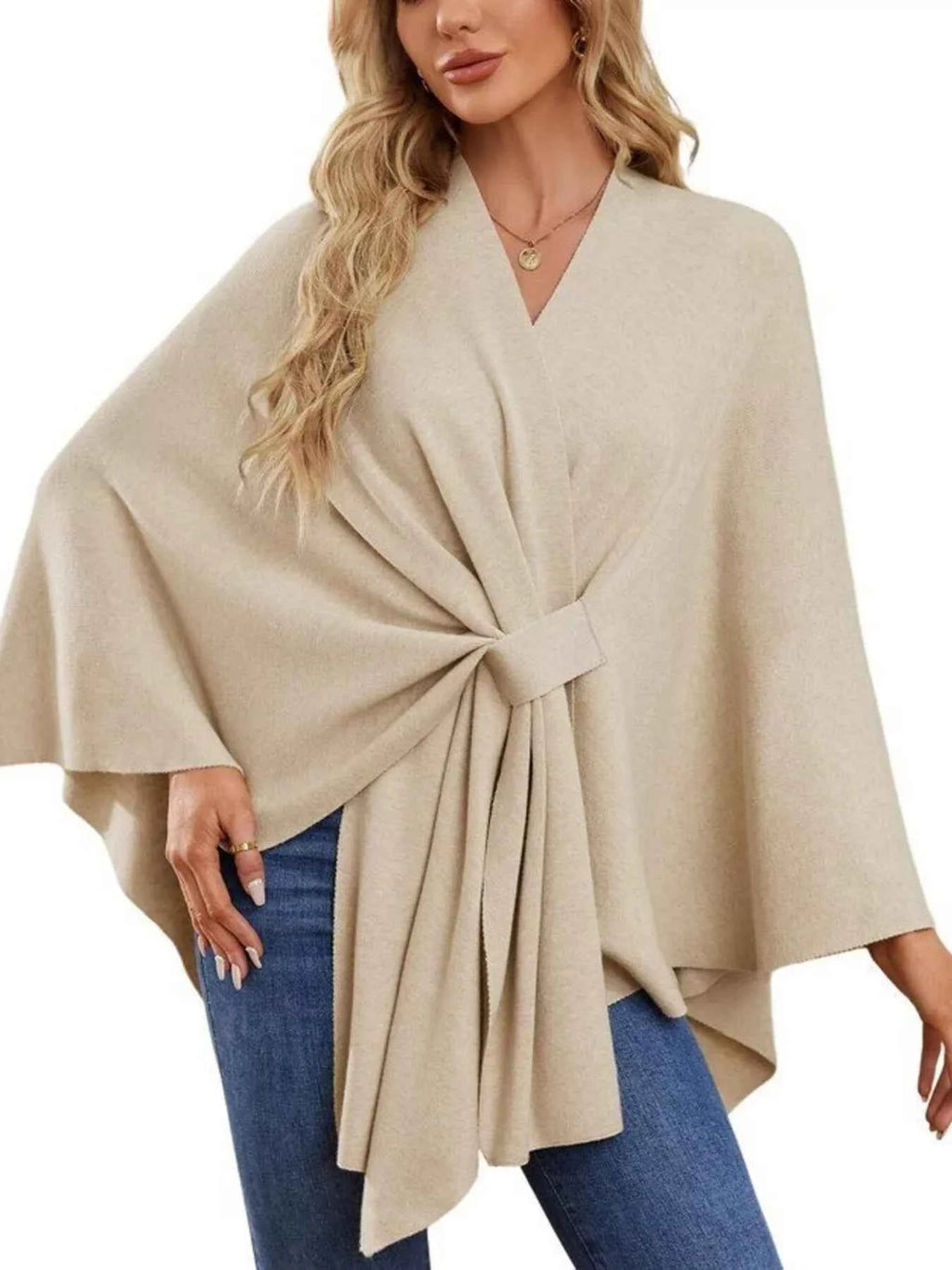 Solid Color Tie-Front Knit Cape Top