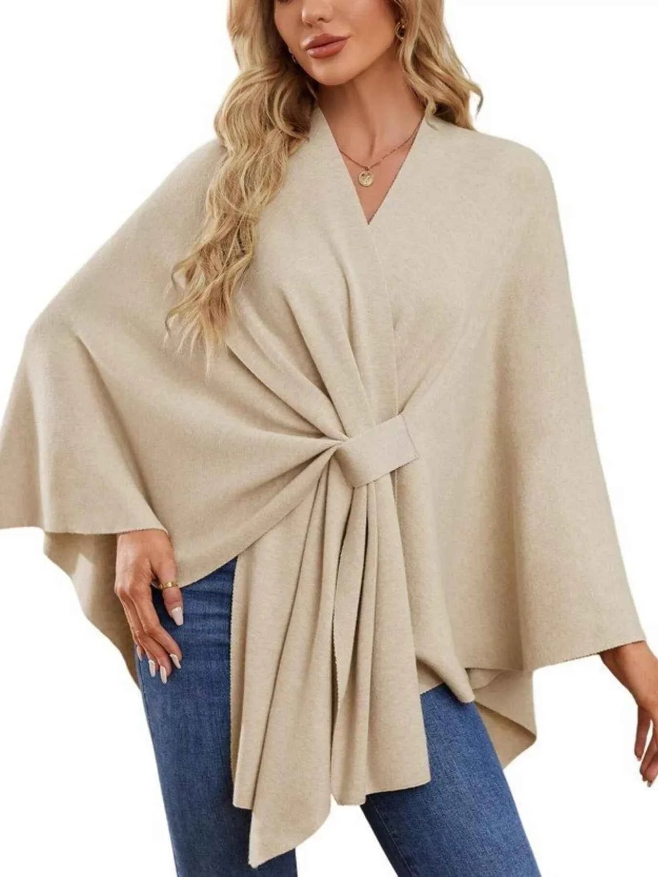 Solid Color Tie-Front Knit Cape Top