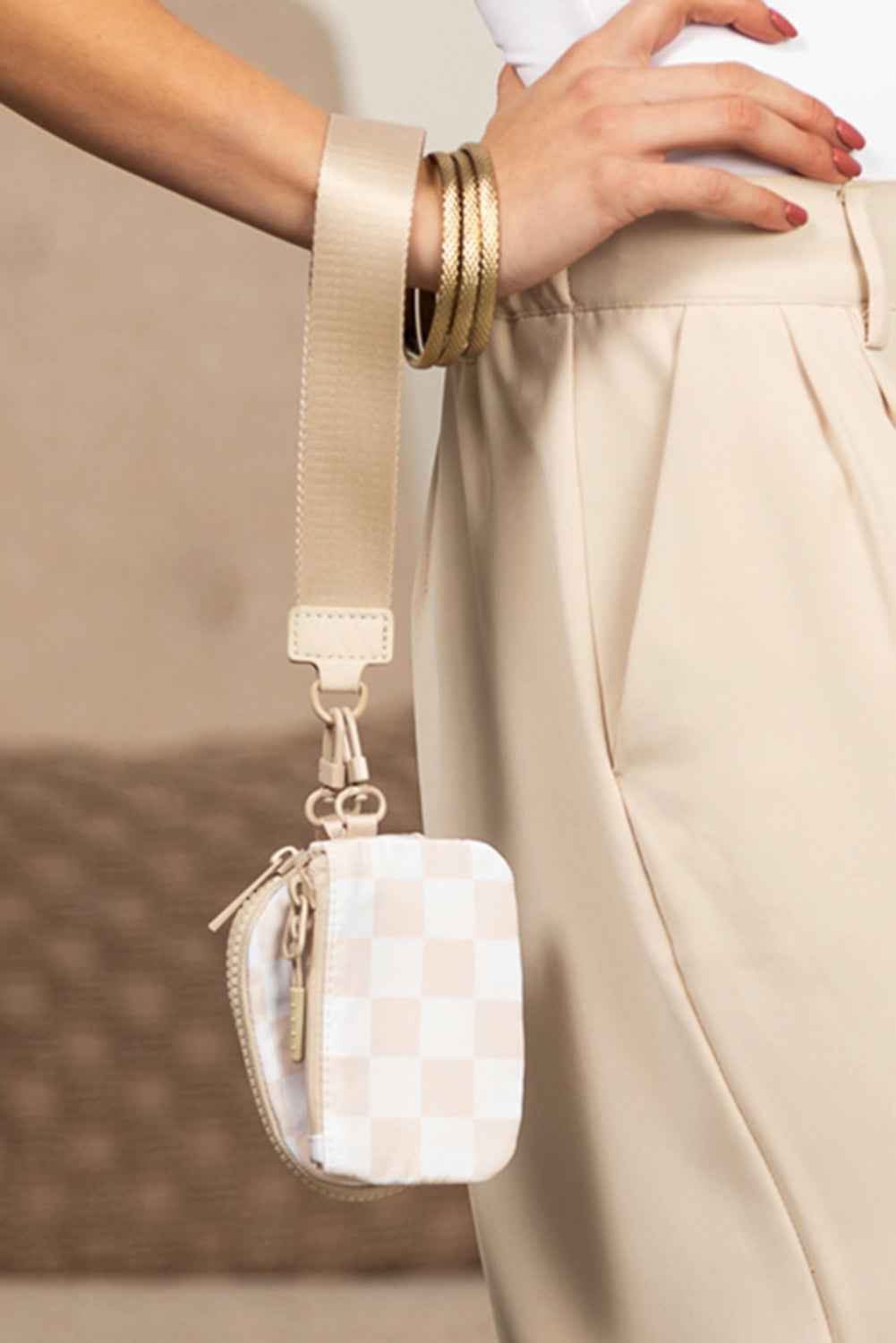 Beige Checkered Mini Zipper Dual Pouch Wristlet
