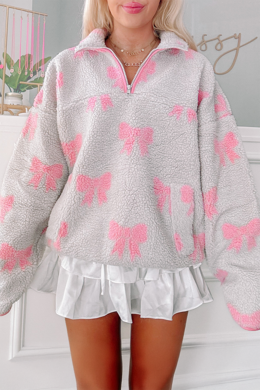 Gray Quarter Zip Bow Pattern Sherpa Baggy Sweatshirt