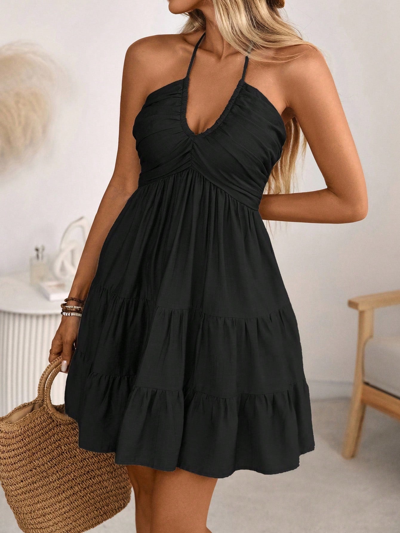 Smocked Halter Neck Tiered Dress by Shopiebay