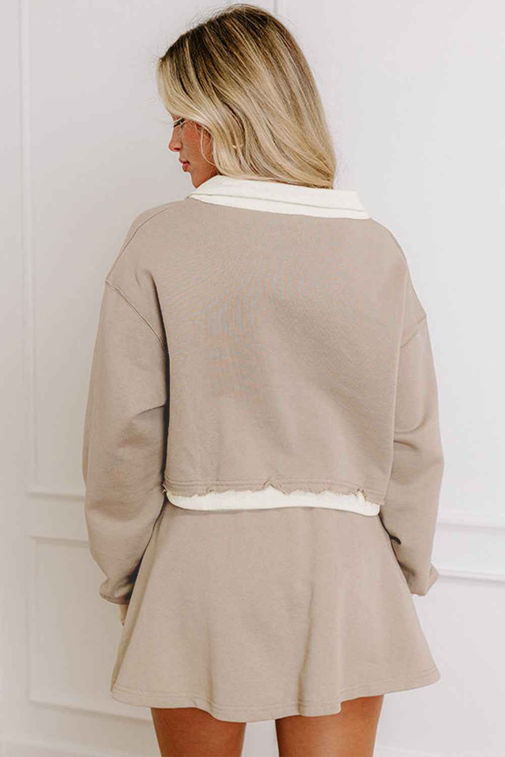 Parchment Raw Edge Detail Patchwork Cropped Pullover Drawstring Skirt Set