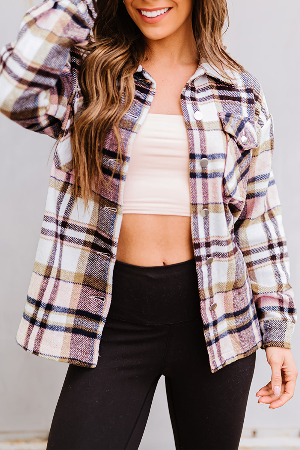 Green Geometric Plaid Print Pocketed Shacket