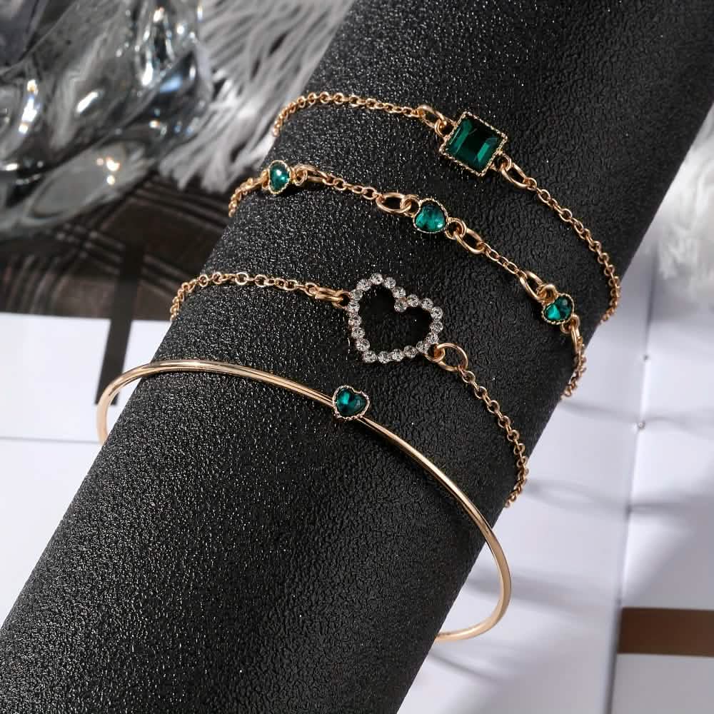 4pcs Rhinestone Alloy Bracelet Set – Minimalist Heart & Square Design by DailySale