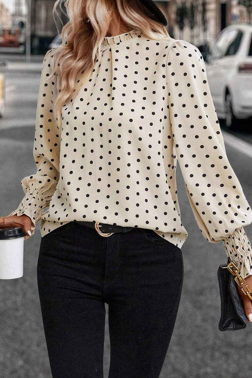 Apricot Polka Dot Print Frilled Collar Lantern Sleeve Blouse by Wild and Free Boutique