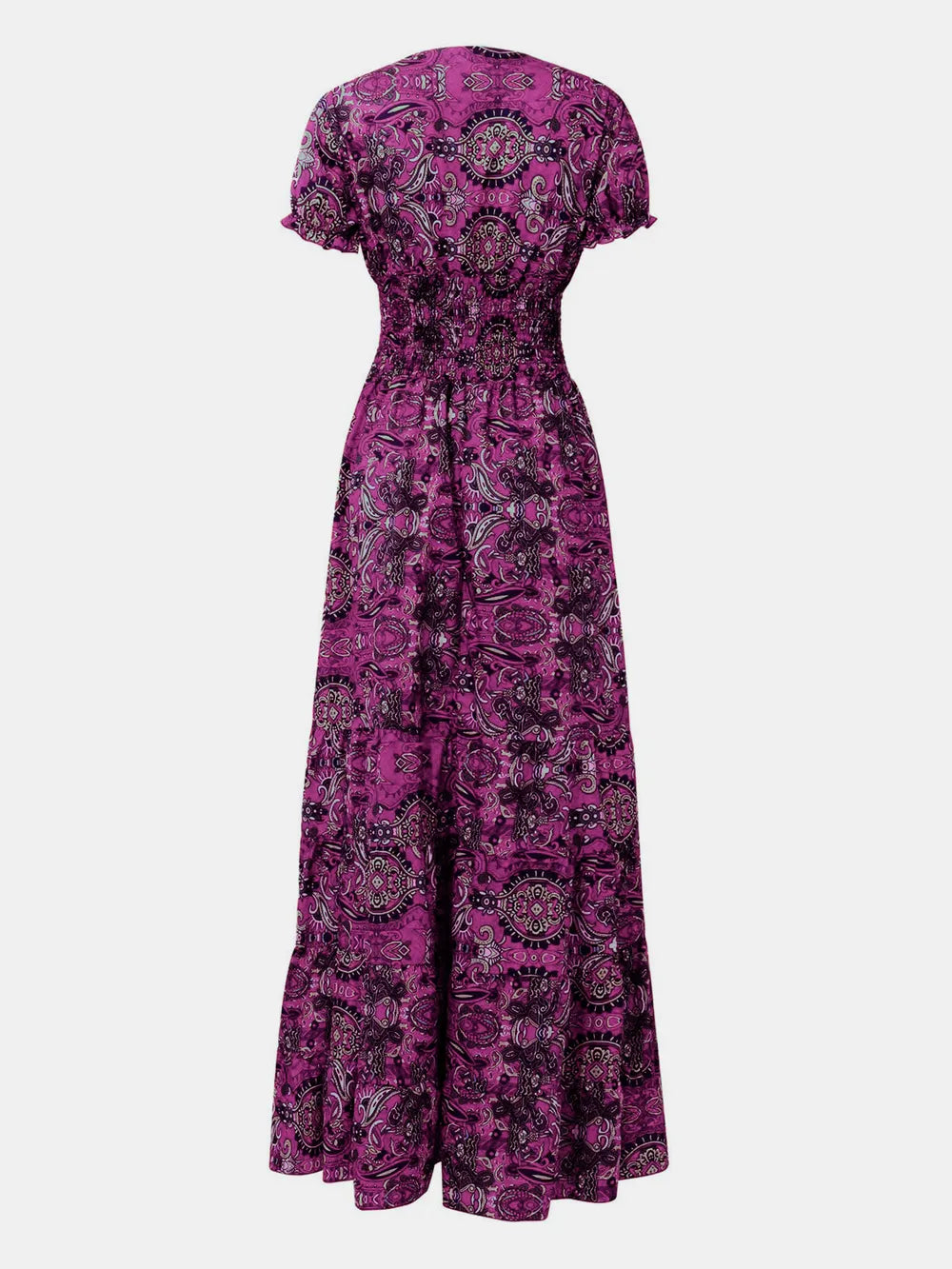 Smocked Printed V-Neck Short Sleeve Dress by Shopiebay