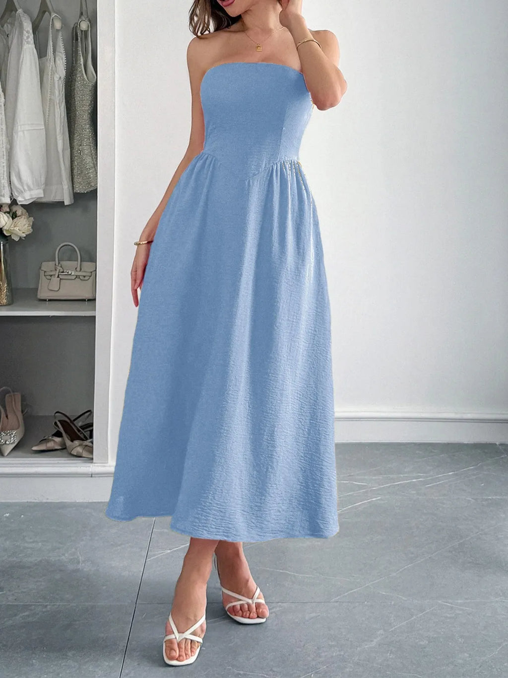 Strapless A-Line Midi Dress with Pockets by Shopiebay