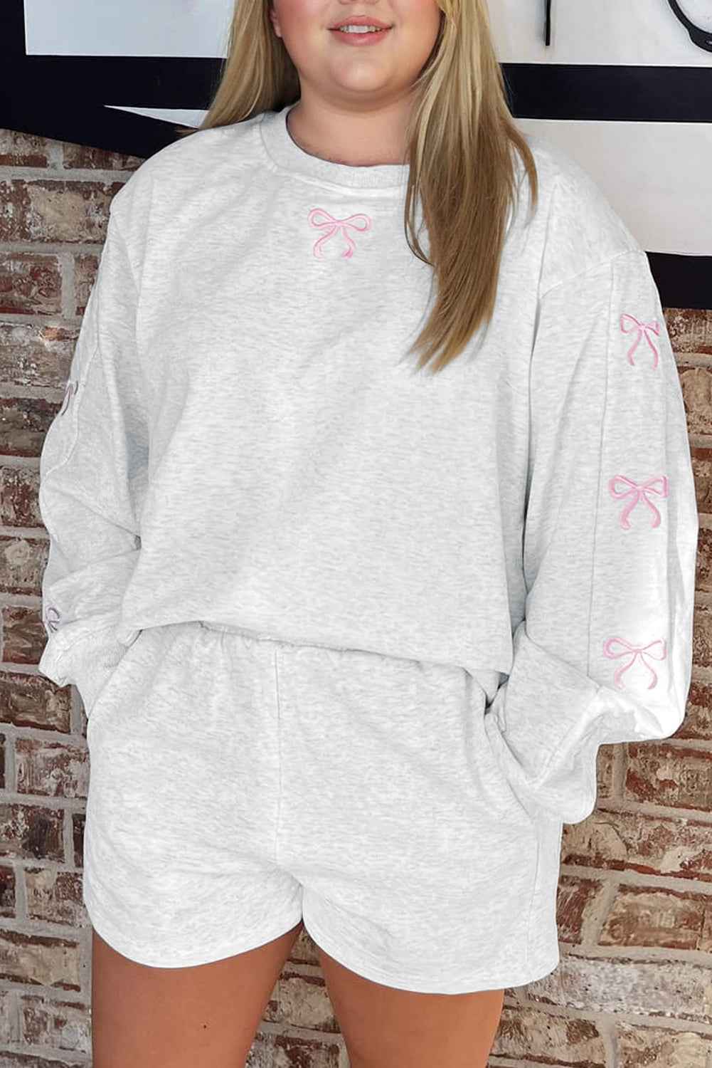 Light Grey Girly Bow Embroidered Puff Sleeve Pullover Loose Shorts Plus 2pcs Outfit