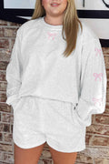 Light Grey Girly Bow Embroidered Puff Sleeve Pullover Loose Shorts Plus 2pcs Outfit