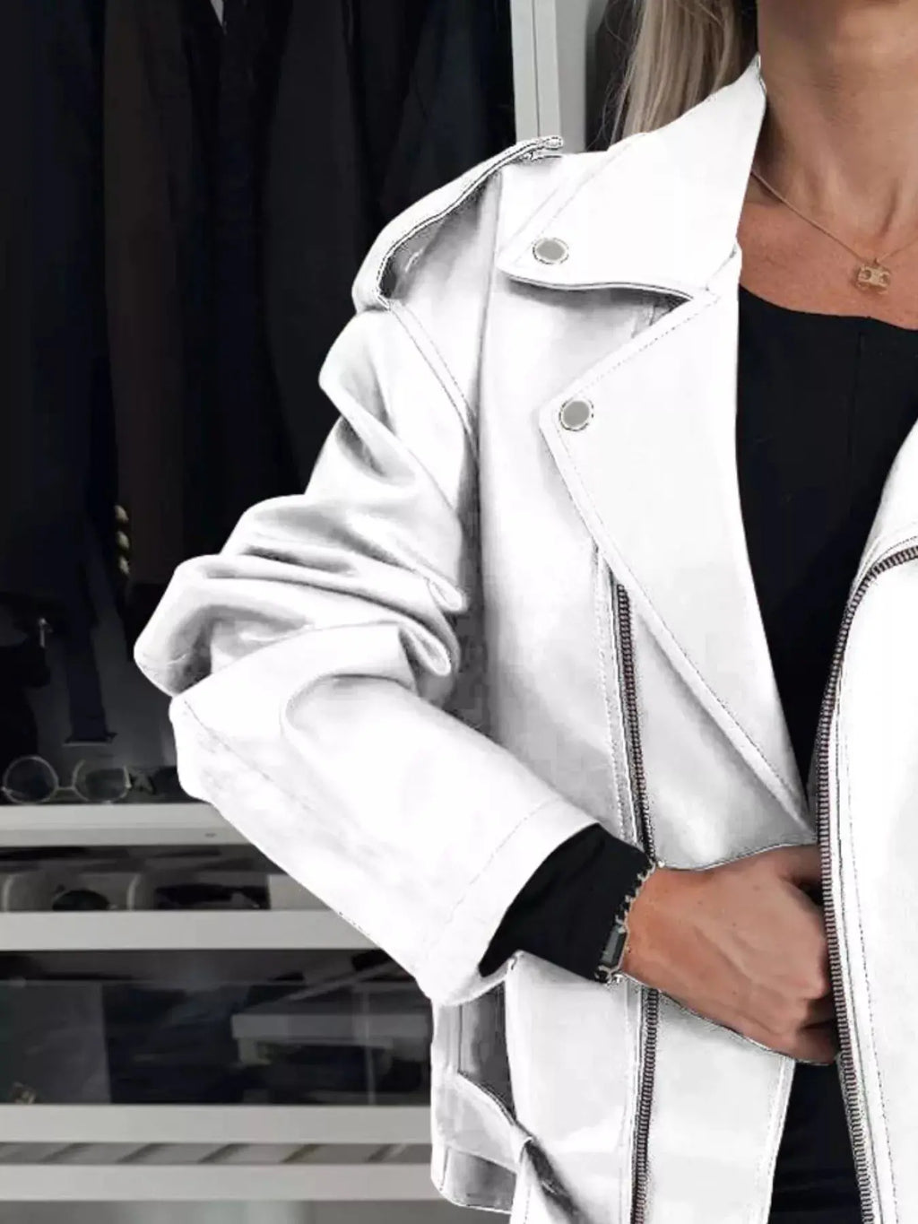Plus Size Zip Up Long Sleeve Faux Leather Jacket