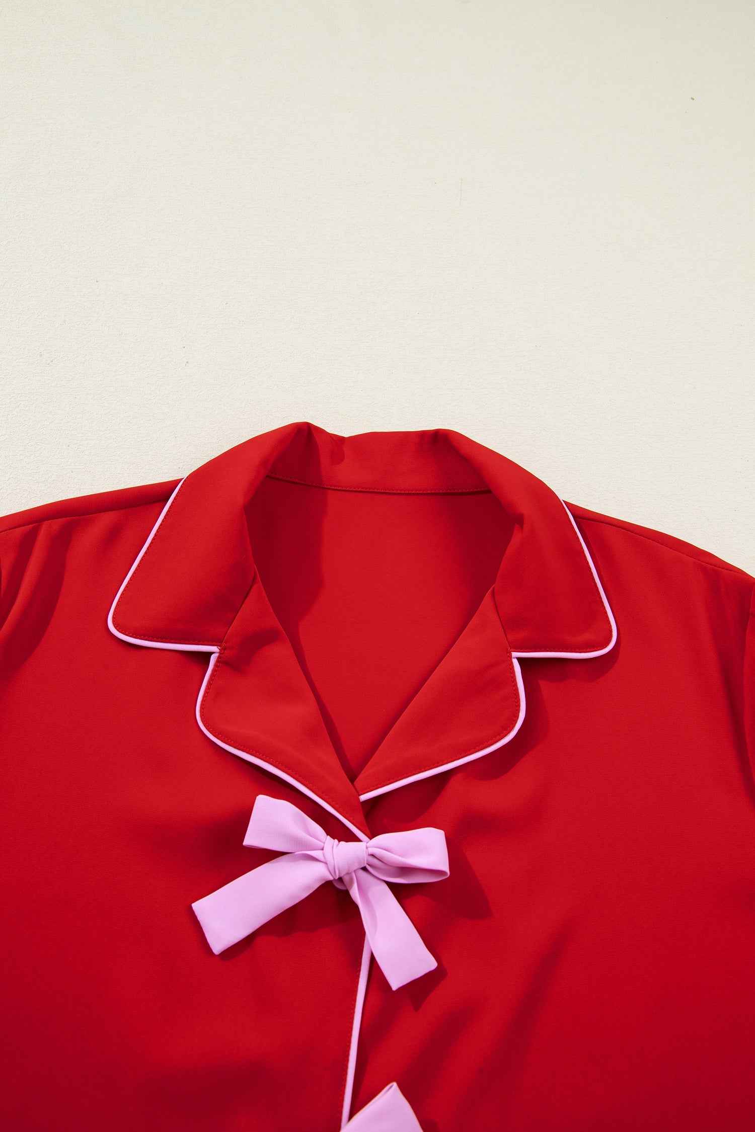 Fiery Red Contrast Trim Ribbon Bow Short Silky 2pcs Pajama Set