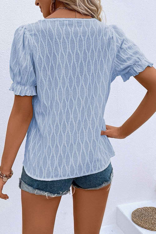 Beau Blue Solid Color Textured Notched Neck Puff Sleeve Blouse by Wild and Free Boutique