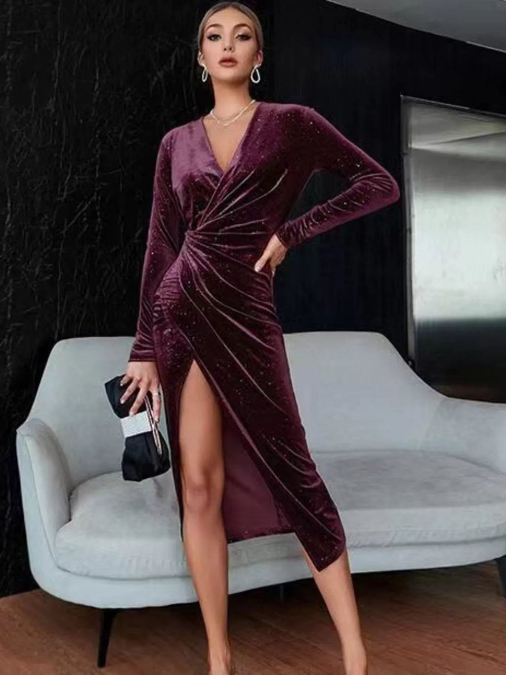 Velvet Ruched Slit Midi Dress by Shopiebay