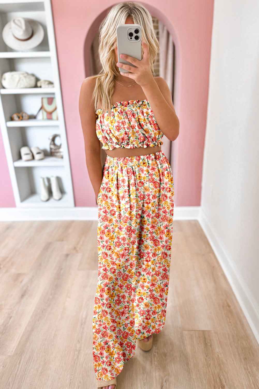 Pink Boho Floral Bandeau Top and High Waist Wide Leg Pants Set