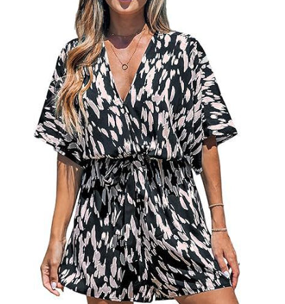 Women's V-neck Printed Lace-up Bat Jumpsuit