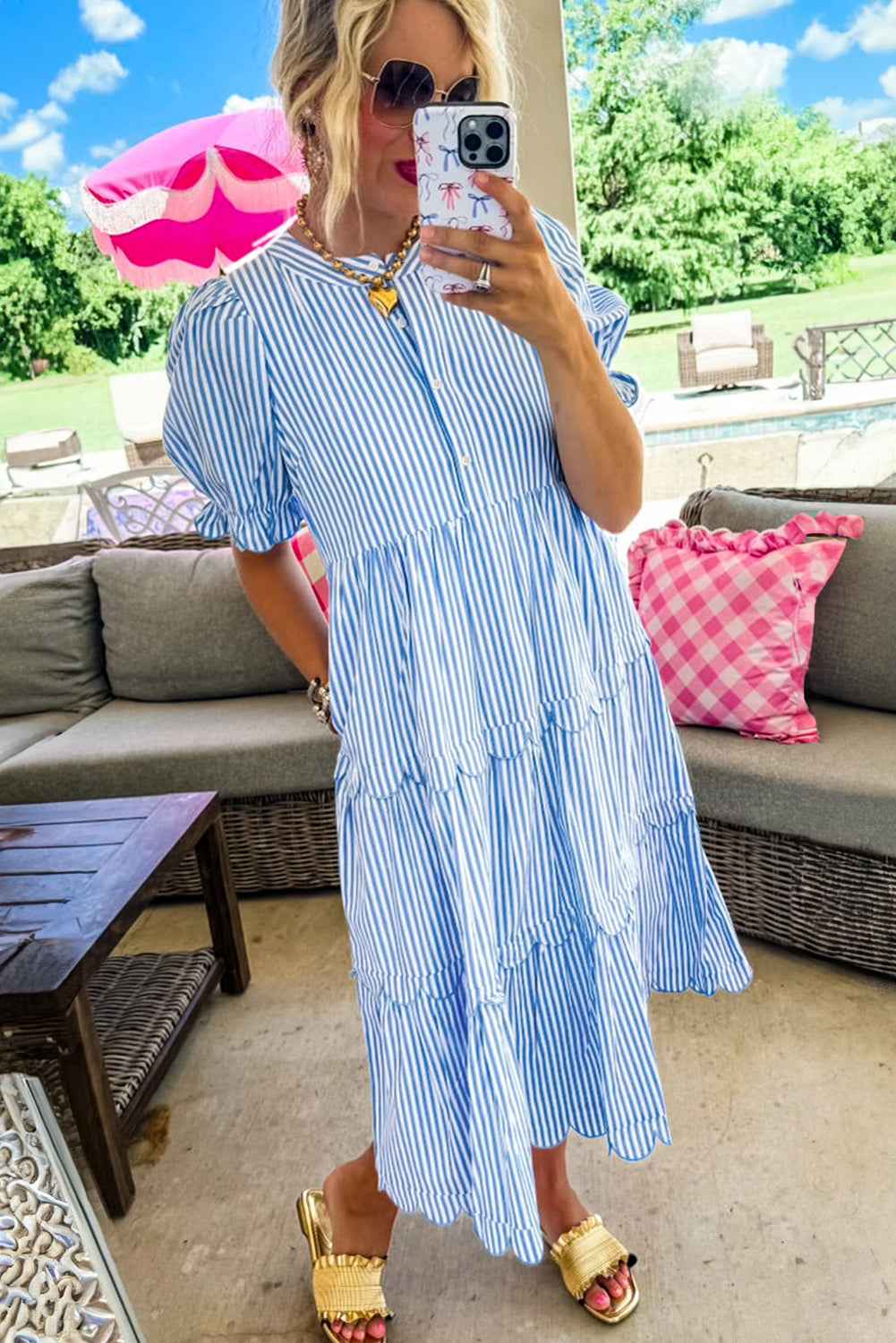 Sky Blue Stripe Bubble Sleeve Scallop Tiered Dress