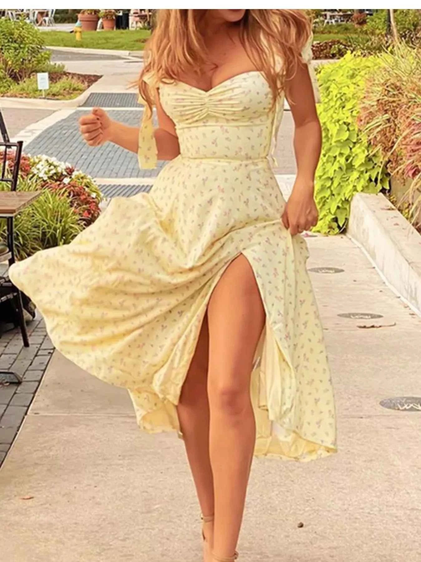 Floral Print Tie Shoulder Midi Dress with Slit