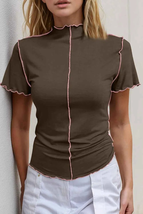 Basic Bae Contrast Trim Mock Neck Short Sleeve T-Shirt by Wild and Free Boutique