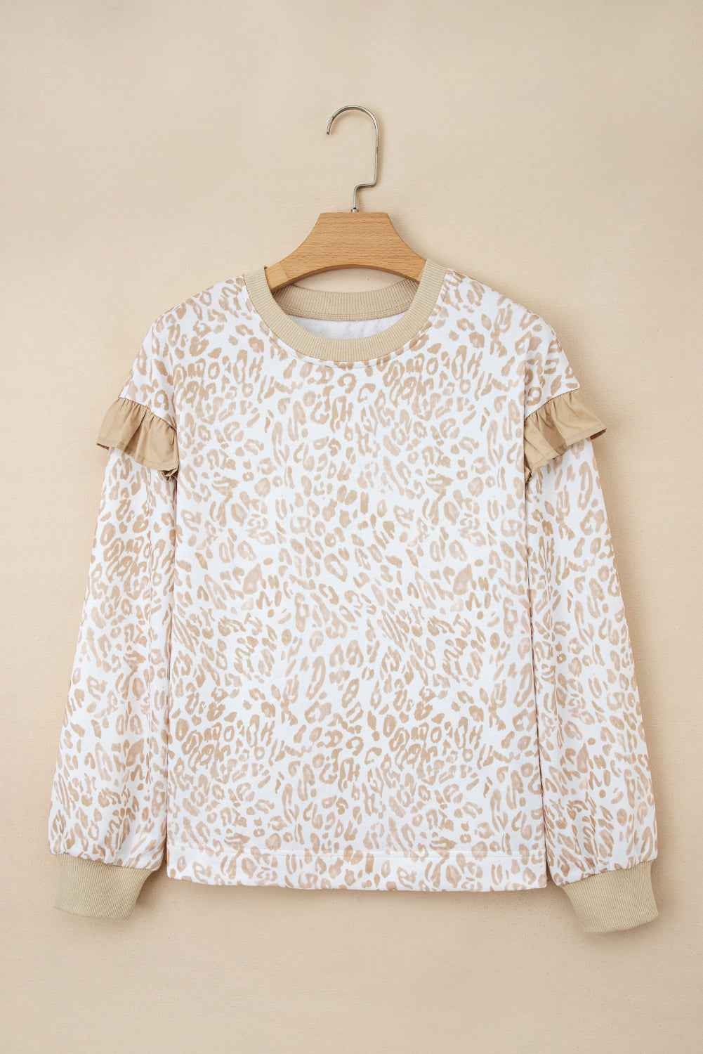 Khaki Ribbed Trim Ruffle Detail Leopard Round Neck Sweatshirt