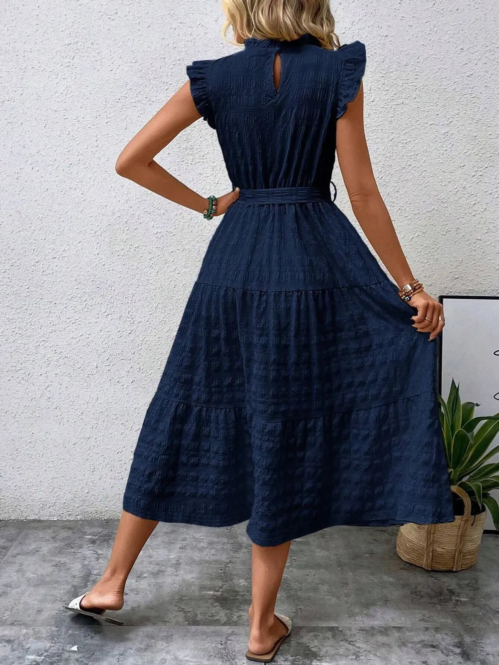 Tied Ruffled Cap Sleeve Midi Dress by Shopiebay
