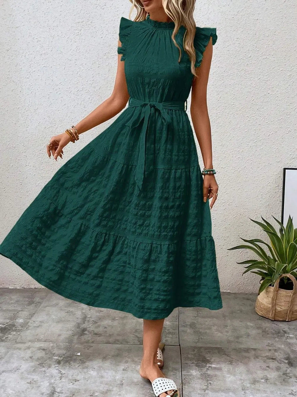 Tied Ruffled Cap Sleeve Midi Dress by Shopiebay