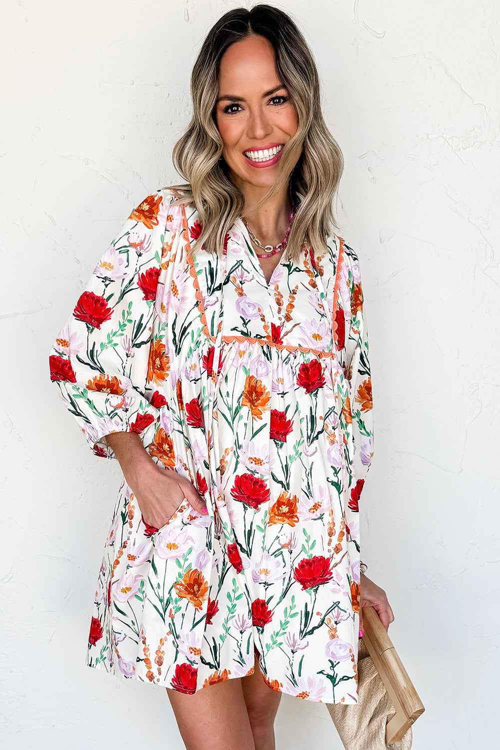 Beige Floral Print 3/4 Puff Sleeve Ricrac Trim Mini Dress
